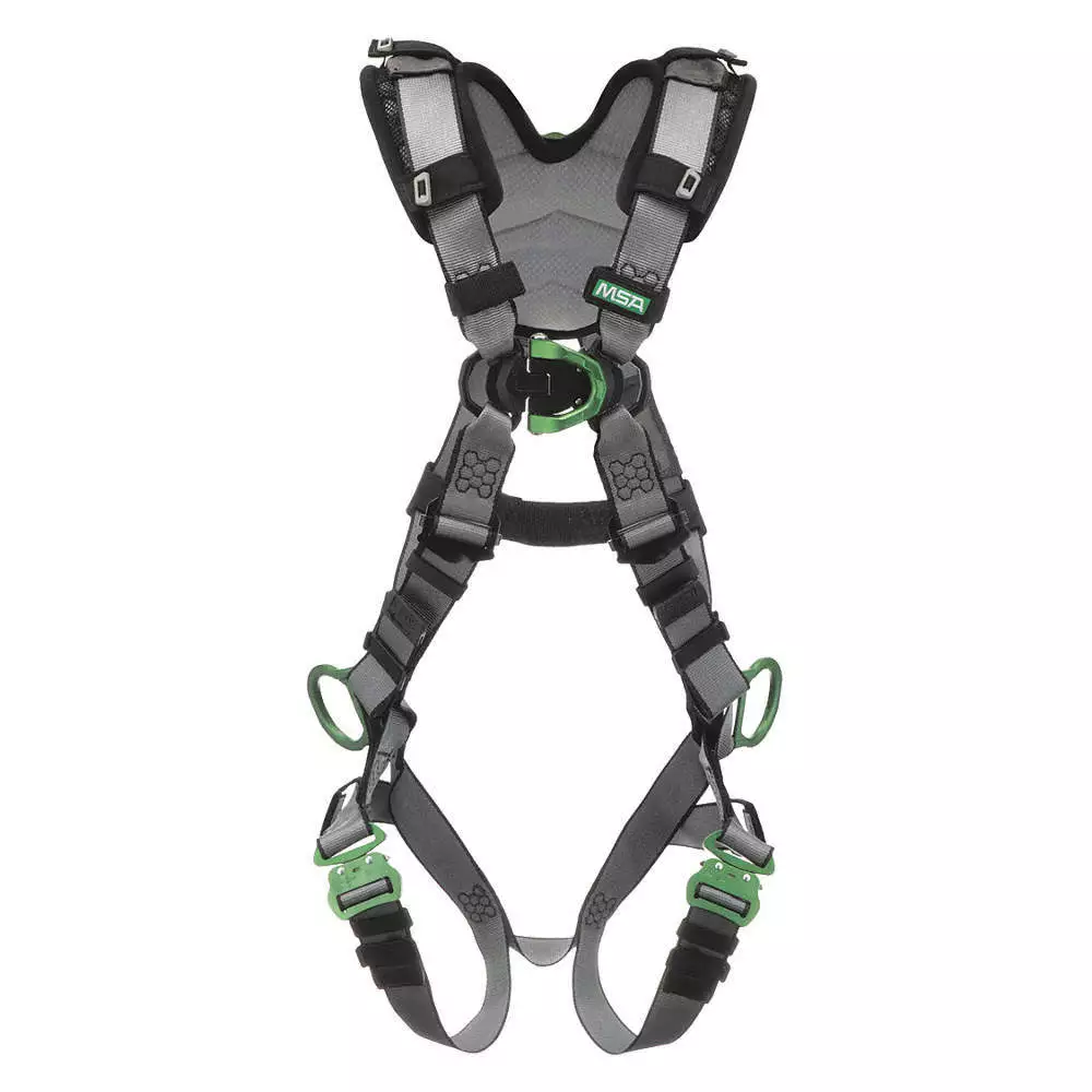 Arnés MSA V-FIT, anillos en D en espalda, pecho y cadera, correas de conexión rápida, acolchado.