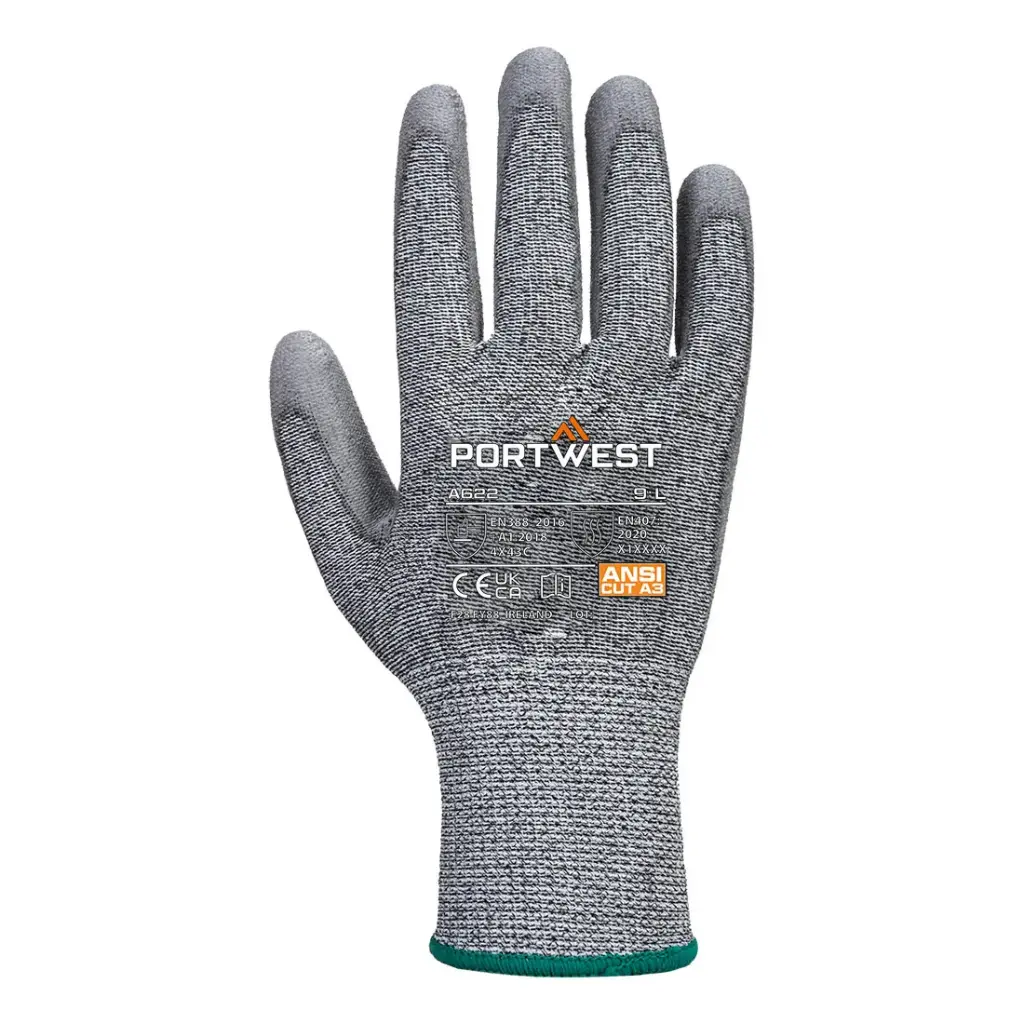 Guantes de seguridad anti corte A3 de fibra de vidrio/elastano/PU A622 Portwest