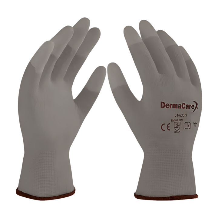 Guantes de seguridad de poliéster/PU en punta de los dedos Dermacare