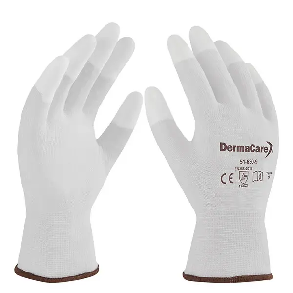 Guantes de seguridad de poliéster/PU en punta de los dedos Dermacare