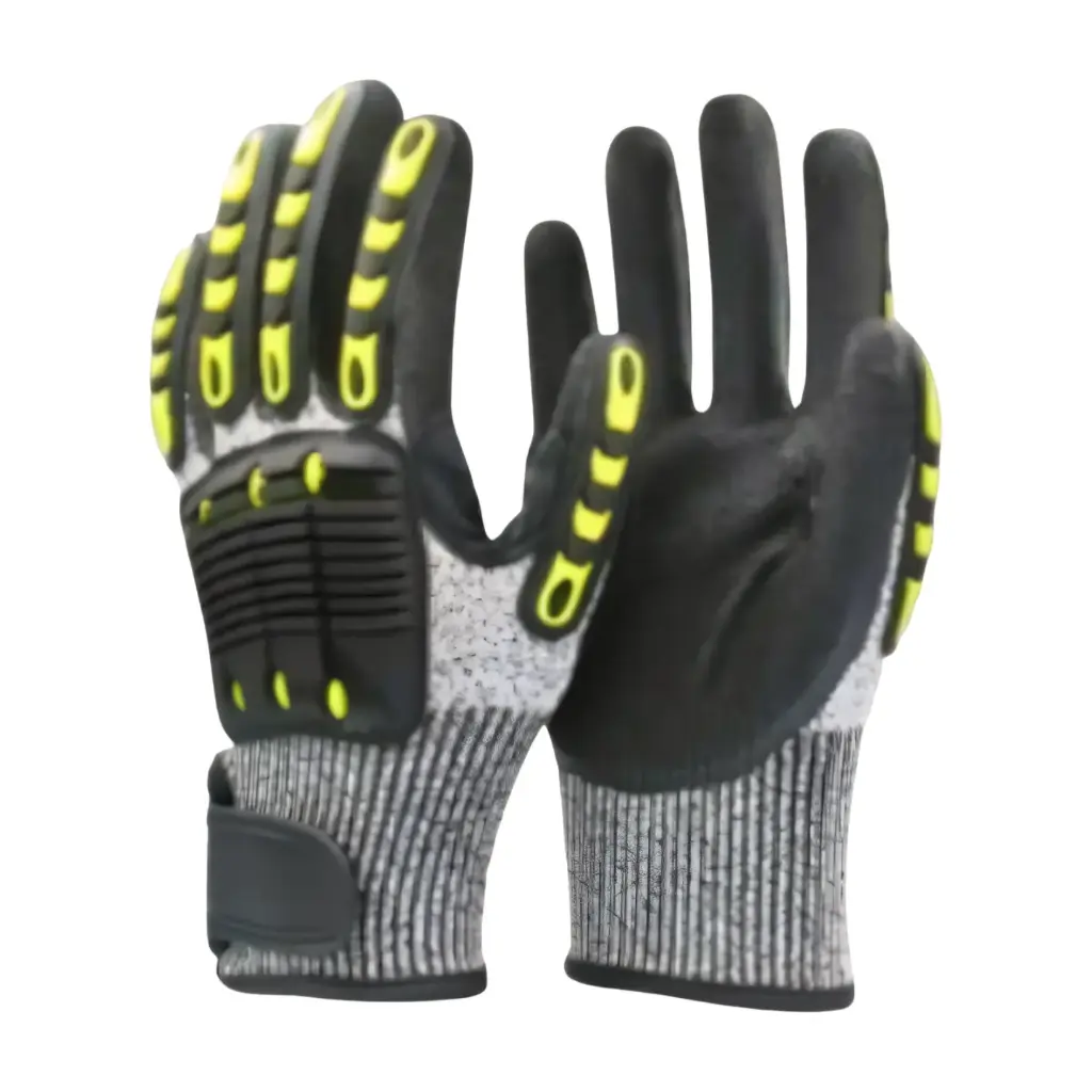 Guantes anti corte nivel 5 y anti impacto de fibra de vidrio/polietileno/nitrilo arenoso GT-ANTIM Safepro
