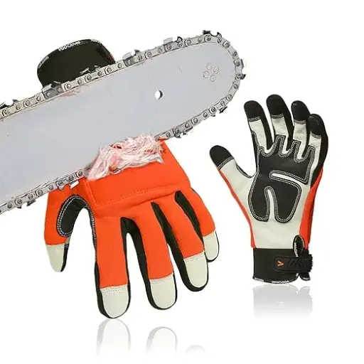 Guantes de seguridad antidesgarro para motosierra de nylon/cuero con refuerzo 12 capas