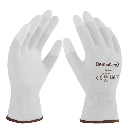 Guantes de seguridad de poliéster/PU en punta de los dedos Dermacare
